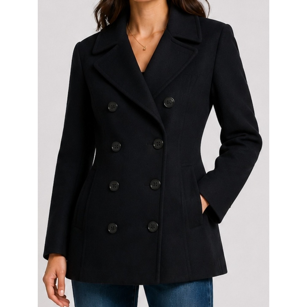 Braeton Womens Black 100% Wool Double Breasted Pea Coat Jacket Size 12